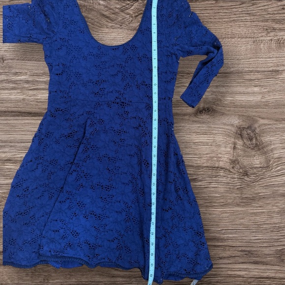 FREE PEOPLE Navy Blue Lace Fit & Flare Mini Dress Scoop Neck 3/4 Sleeve Size M - Picture 9 of 11